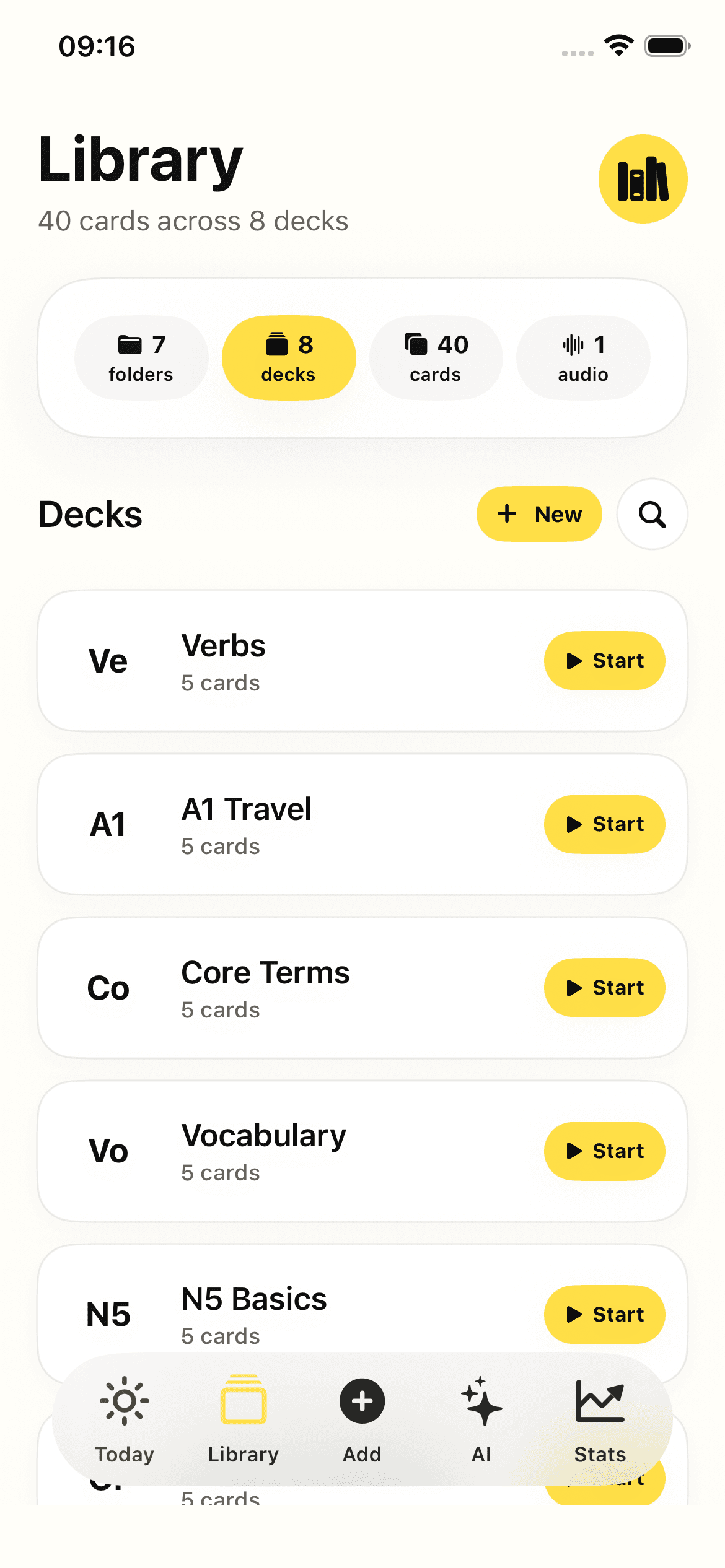 Current Poly Library with folders, decks, cards, audio, search, and clean dock